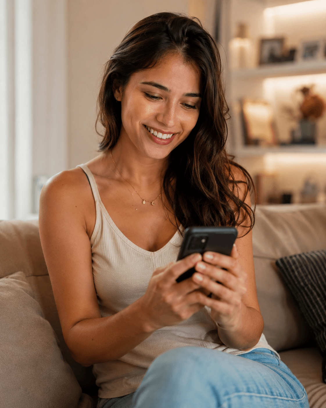 Pessoa sorrindo usando o app Livi no celular